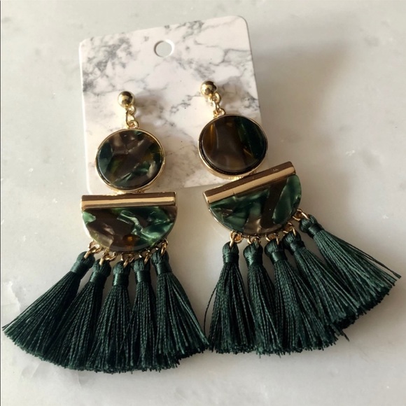 Green Tassel Earrings - Picture 2 of 4